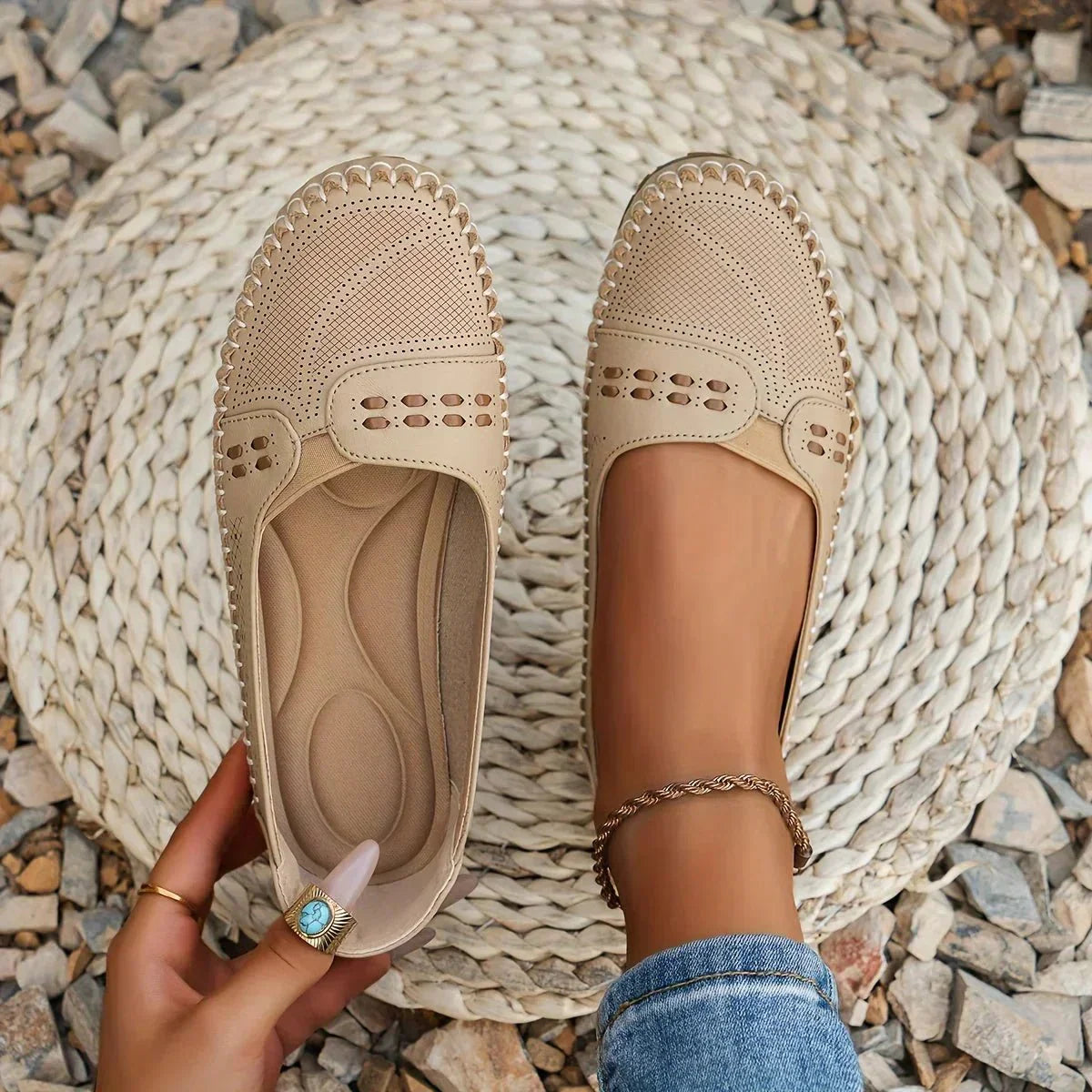 Women's Breathable Perforated Slip On Loafers with Flat Sole Support
