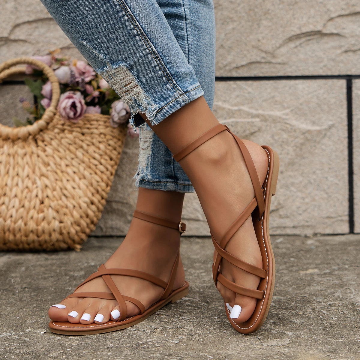 Criss-Cross Strap Open-Toe Flat Sandals for Women