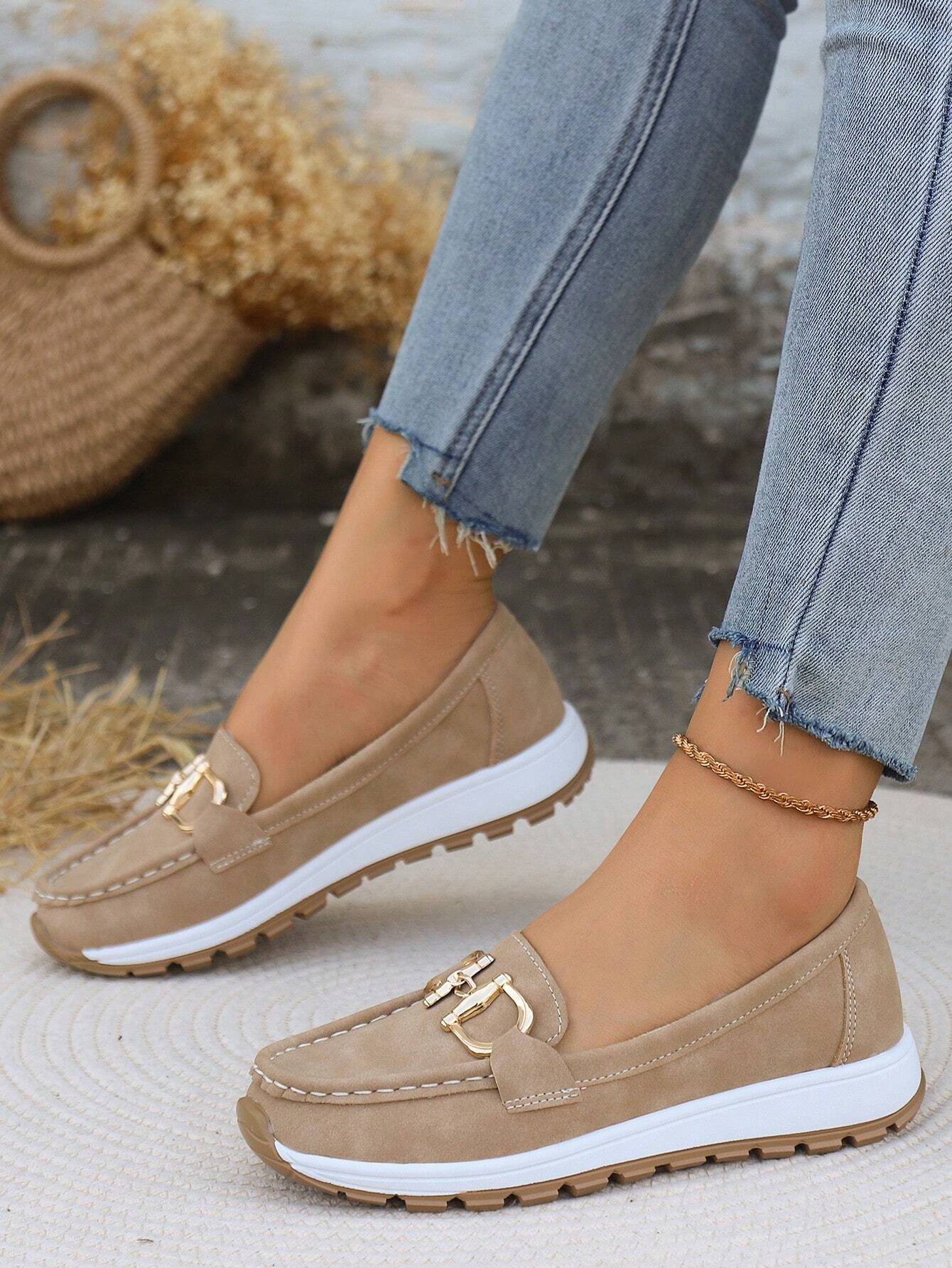 Women's Slip-Resistant Flat Wedge Loafers with Buckle Accent