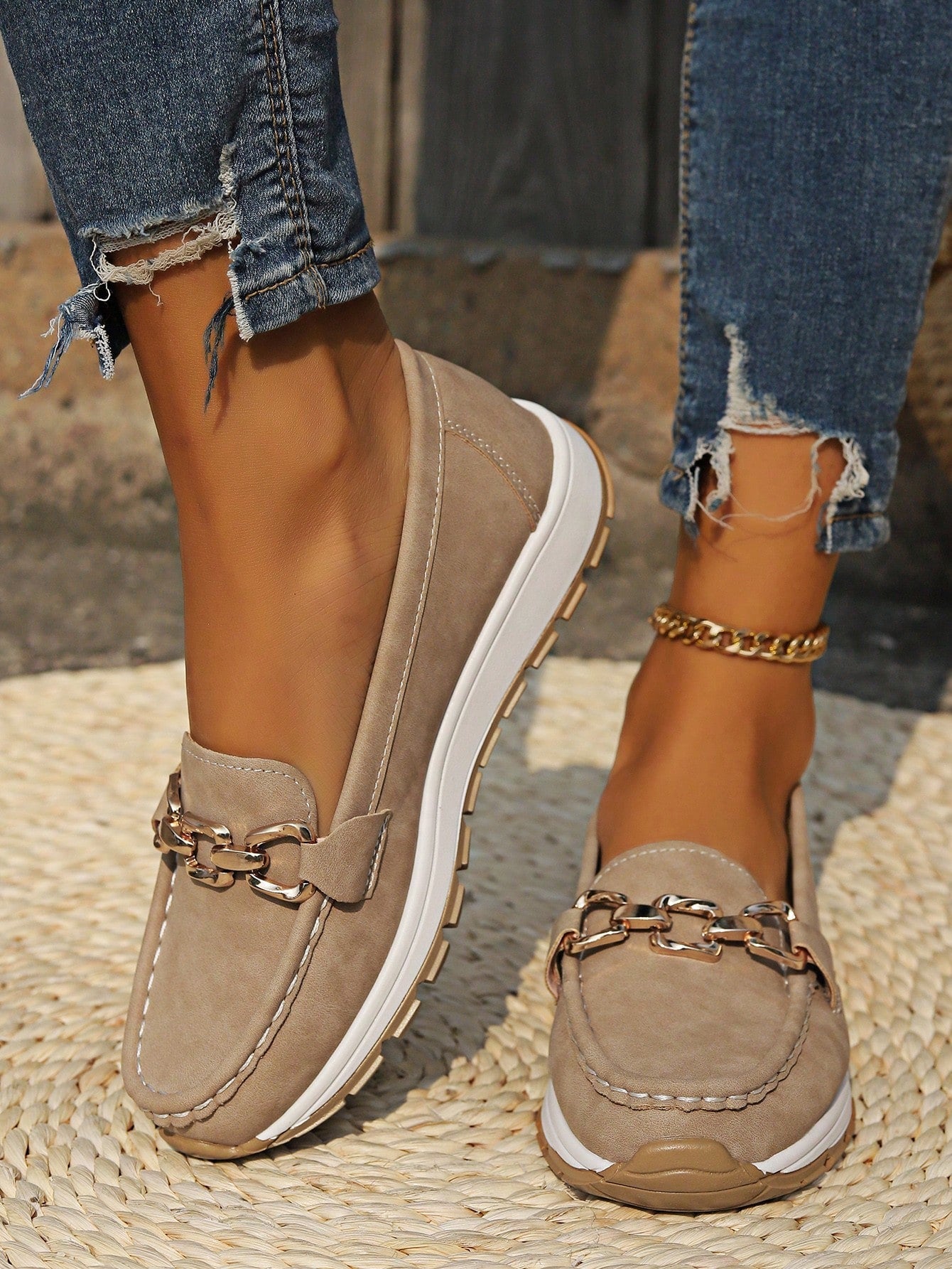 Women's Slip-Resistant Flat Wedge Loafers with Buckle Accent