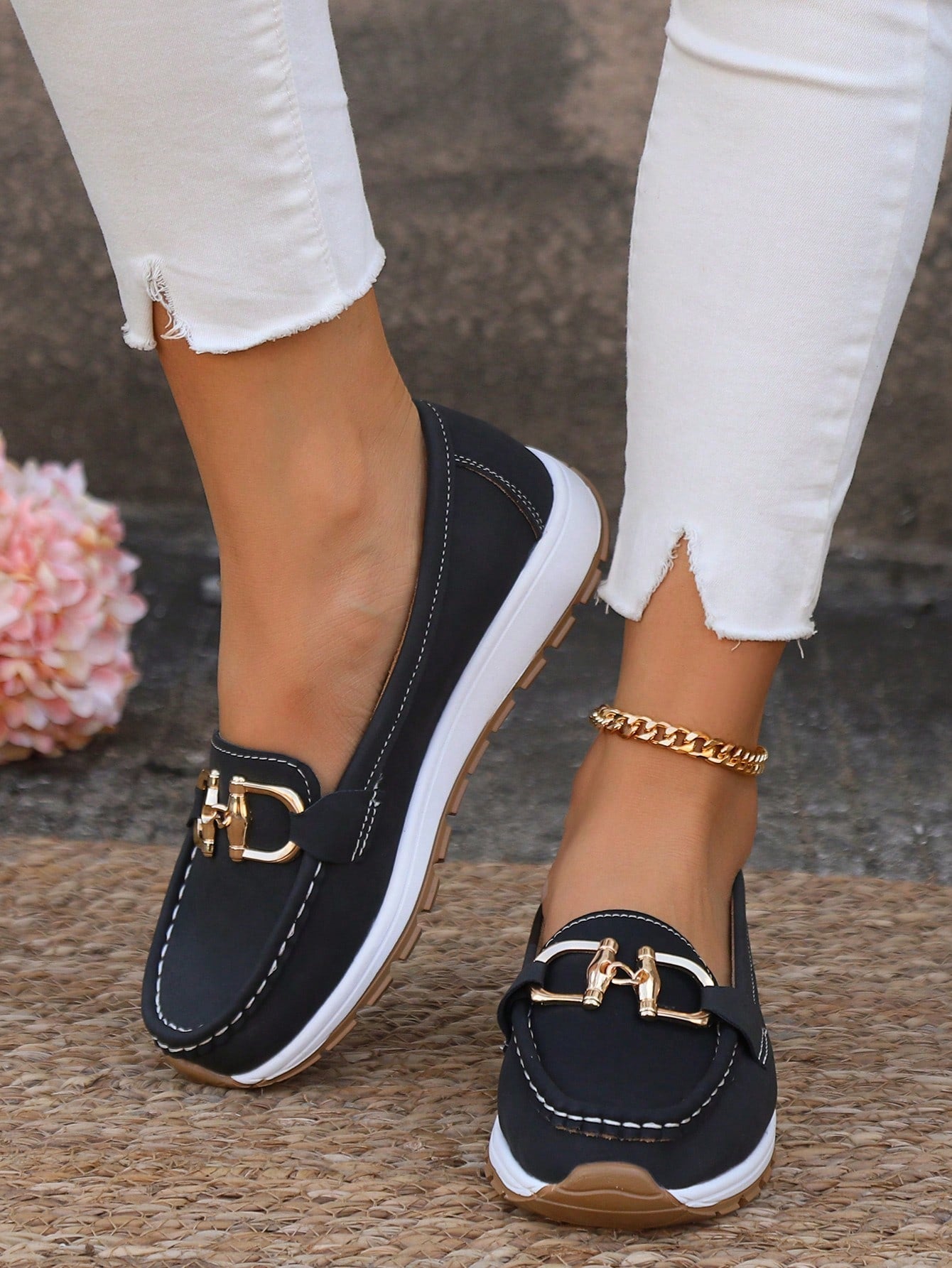 Women's Slip-Resistant Flat Wedge Loafers with Buckle Accent