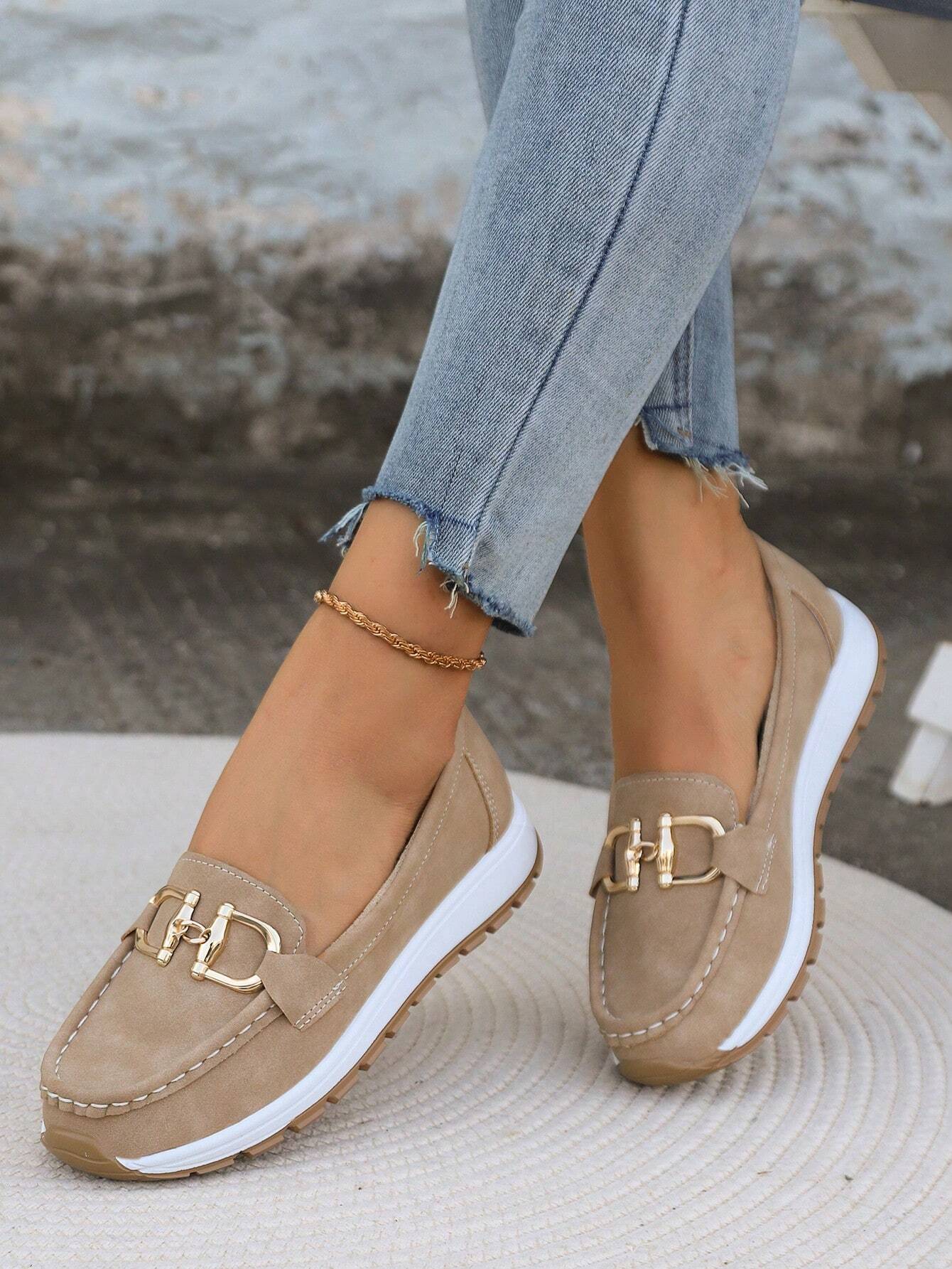 Women's Slip-Resistant Flat Wedge Loafers with Buckle Accent