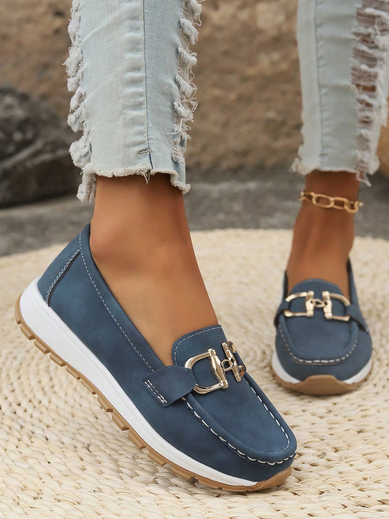 Women's Slip-Resistant Flat Wedge Loafers with Buckle Accent