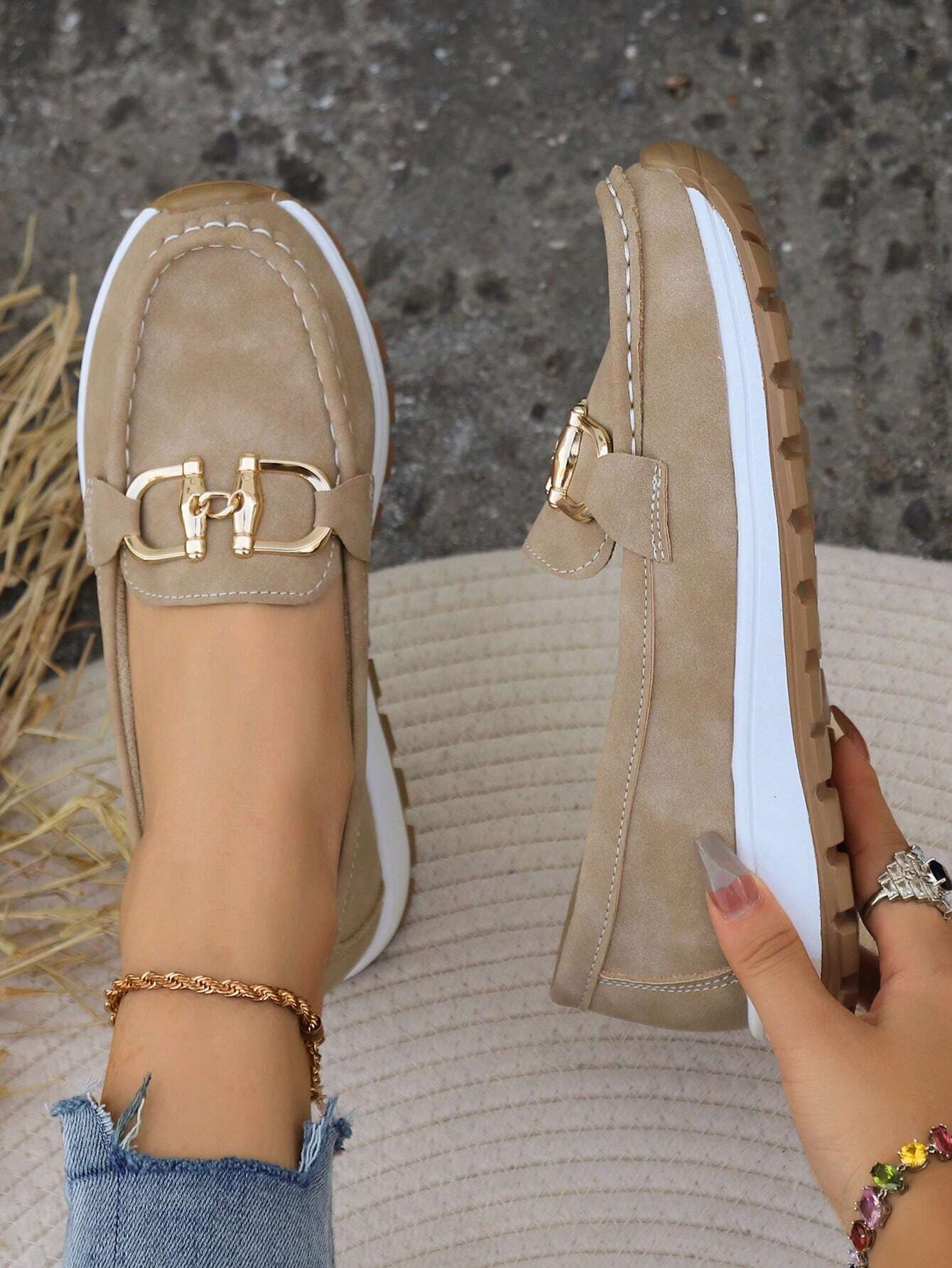 Women's Slip-Resistant Flat Wedge Loafers with Buckle Accent