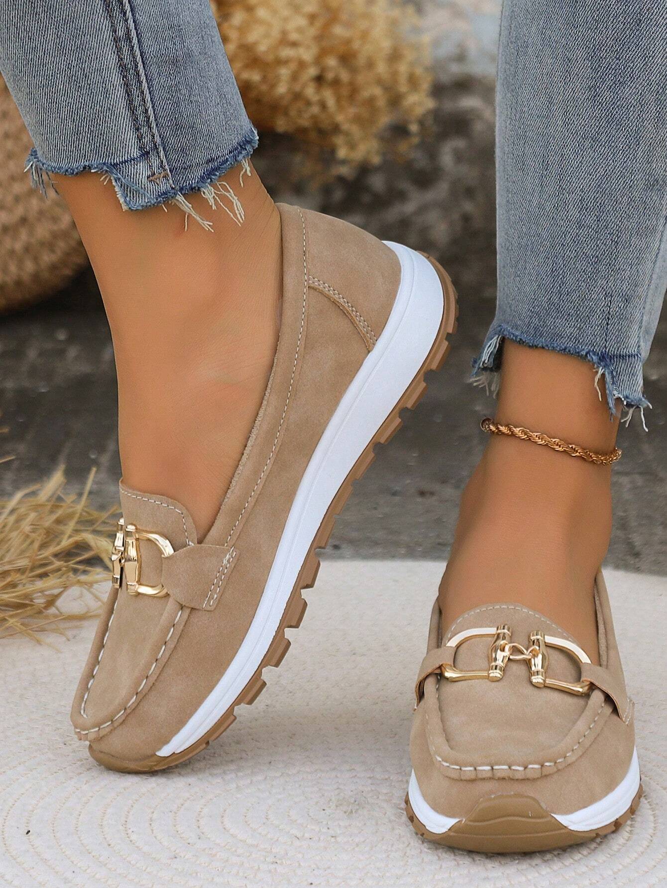 Women's Slip-Resistant Flat Wedge Loafers with Buckle Accent