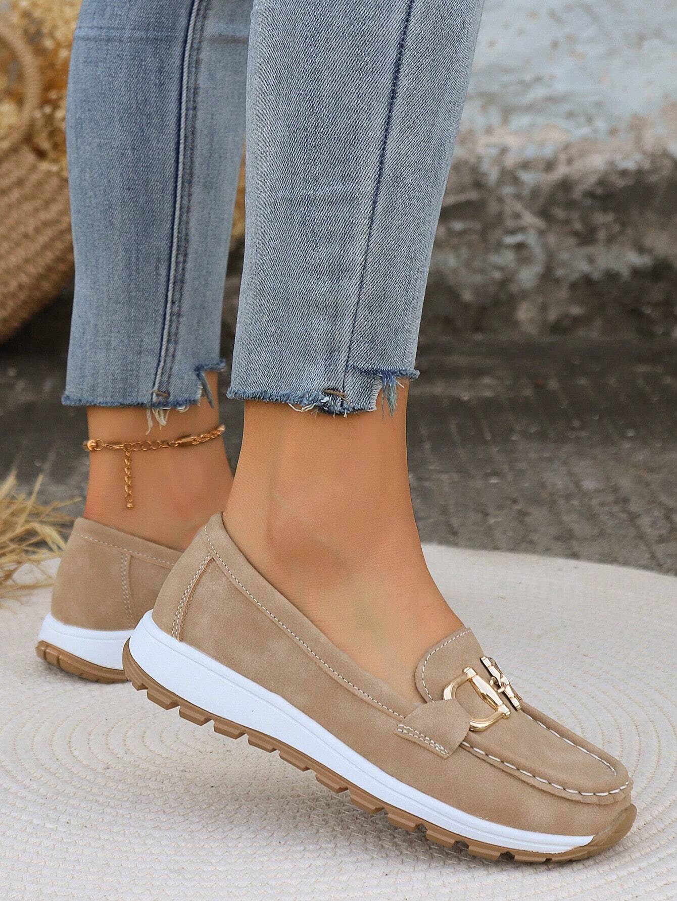 Women's Slip-Resistant Flat Wedge Loafers with Buckle Accent