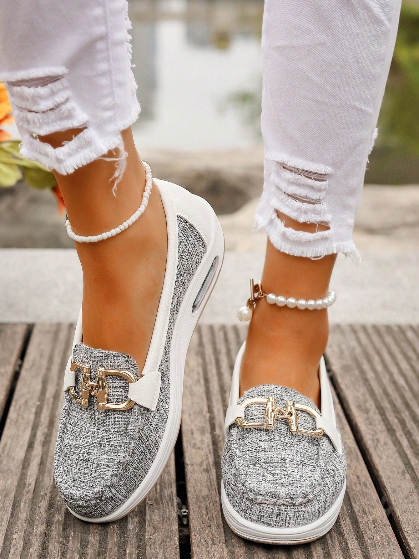 Women's Slip-Resistant Flat Wedge Loafers with Buckle Accent