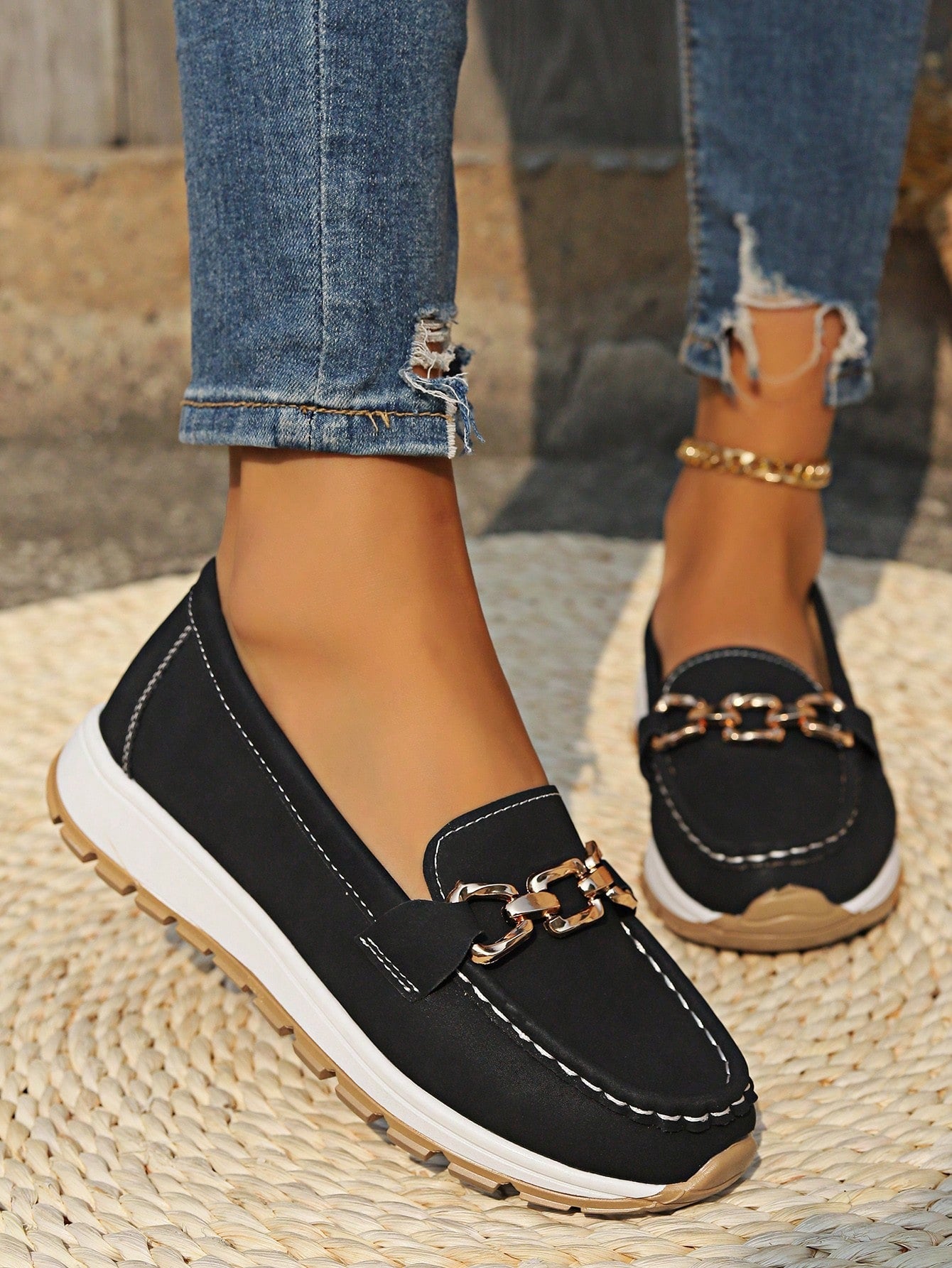 Women's Slip-Resistant Flat Wedge Loafers with Buckle Accent