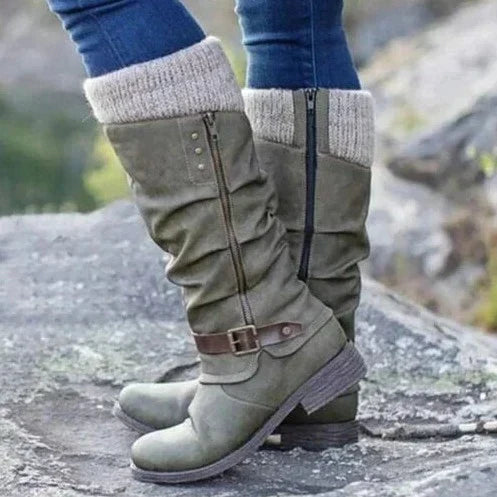 Knee-High Women's Buckle Boots with Knit Cuff