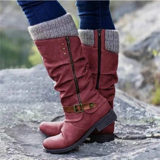 Knee-High Women's Buckle Boots with Knit Cuff