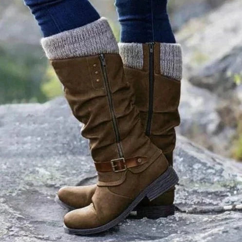 Knee-High Women's Buckle Boots with Knit Cuff