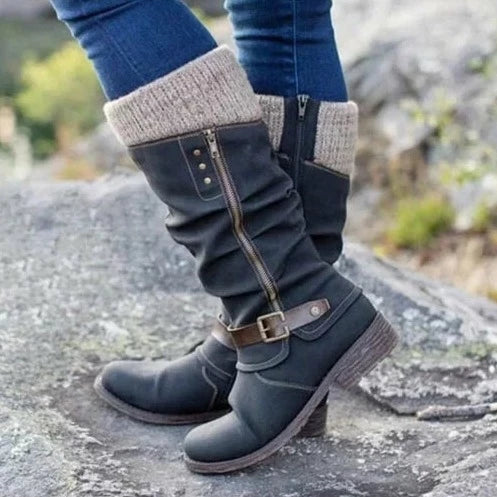 Knee-High Women's Buckle Boots with Knit Cuff