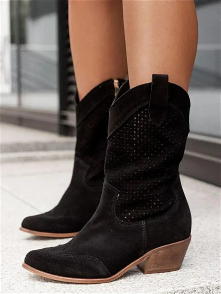 Women's Pointed Toe Western Ankle Boots with Block Heel