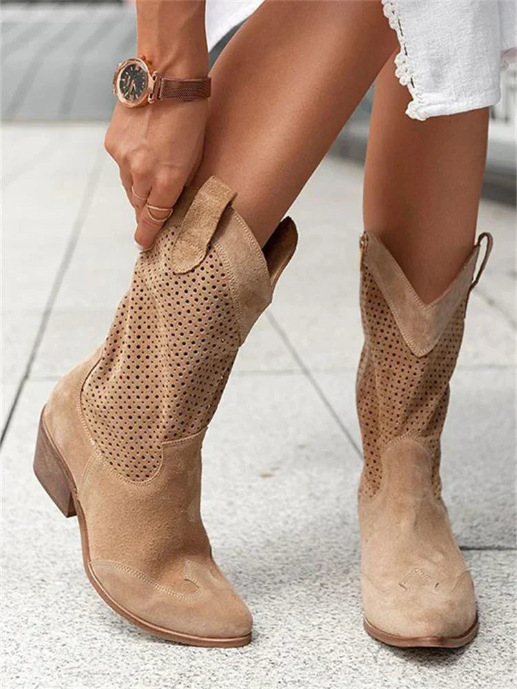 Women's Pointed Toe Western Ankle Boots with Block Heel