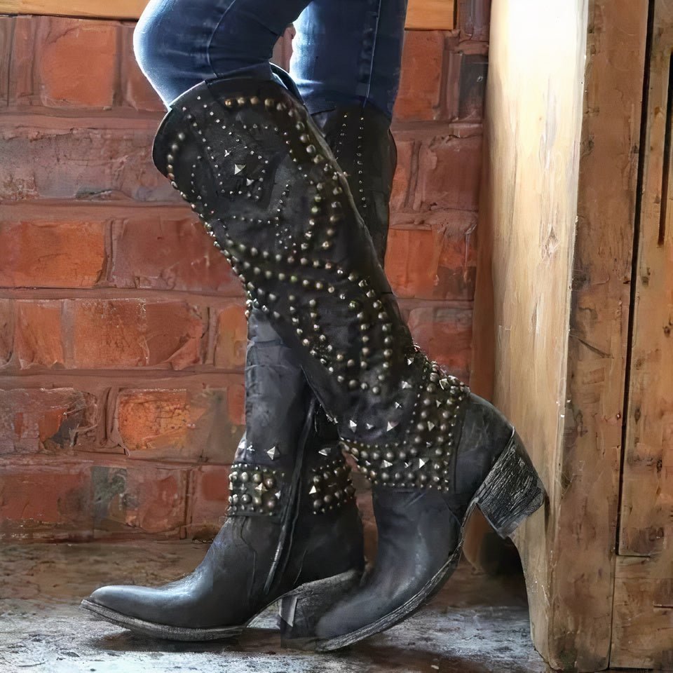 Knee-High Women's Western Boots with Studded Detail