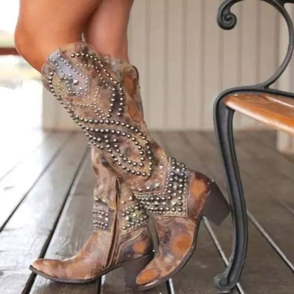 Knee-High Women's Western Boots with Studded Detail
