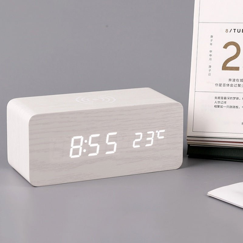 Wooden Alarm Clock with Wireless Charging and Voice Control