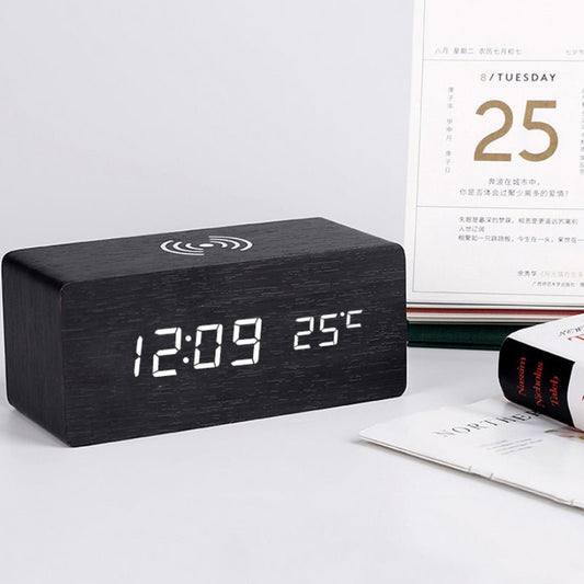 Wooden Electric Alarm Clock with Wireless Charger and Voice Control