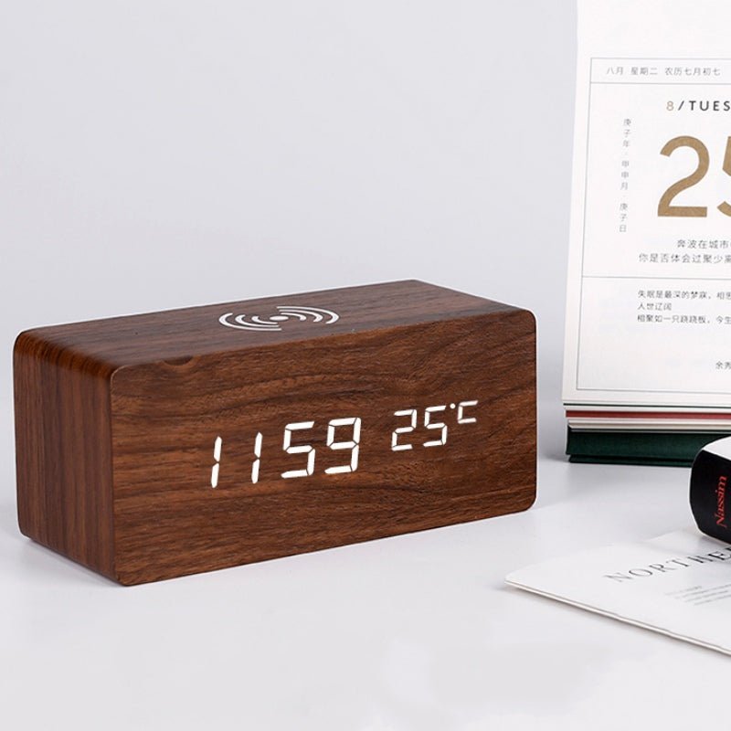 Wooden Electric Alarm Clock with Wireless Charger and Voice Control
