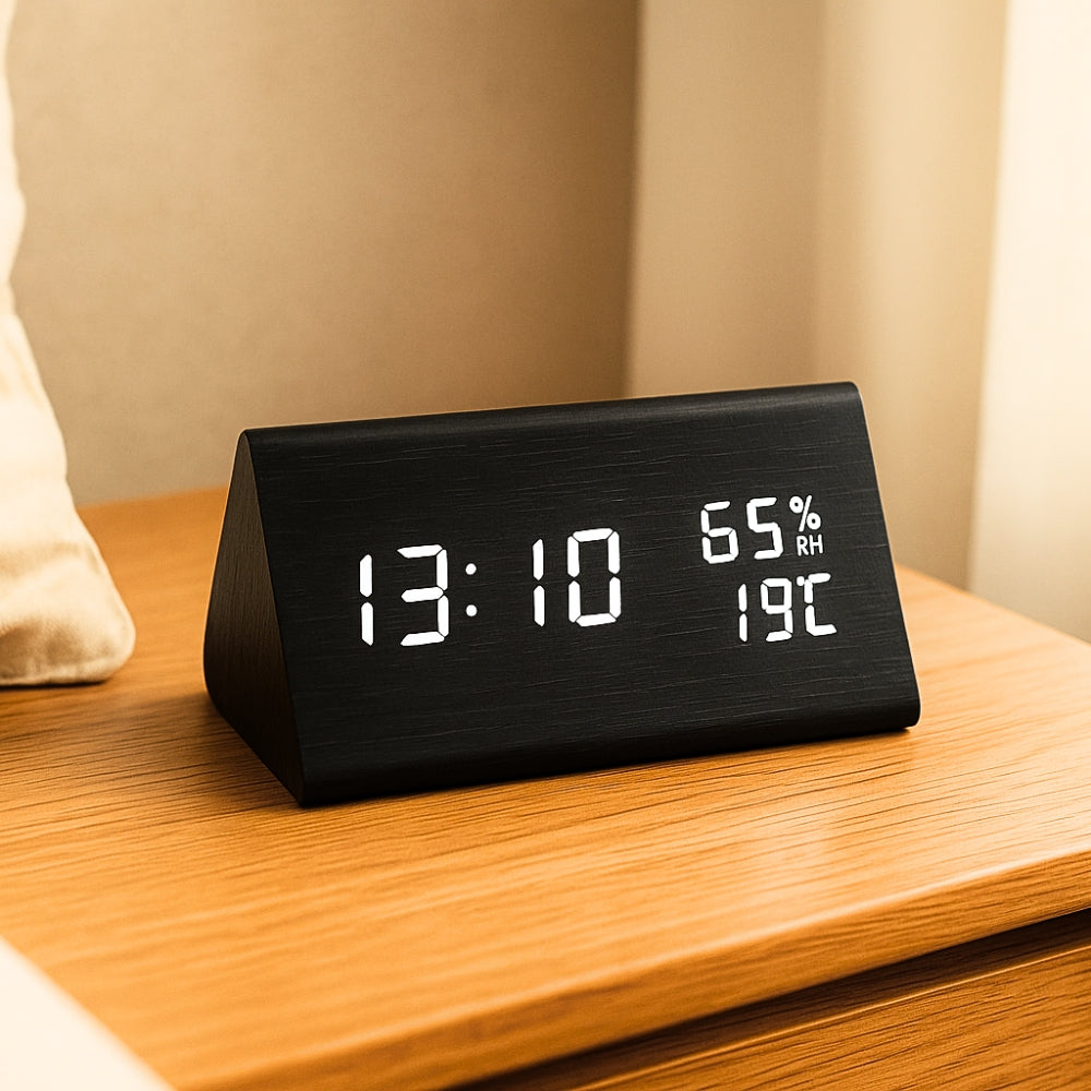 Wooden Triangle LED Alarm Clock with Temperature and Humidity Display
