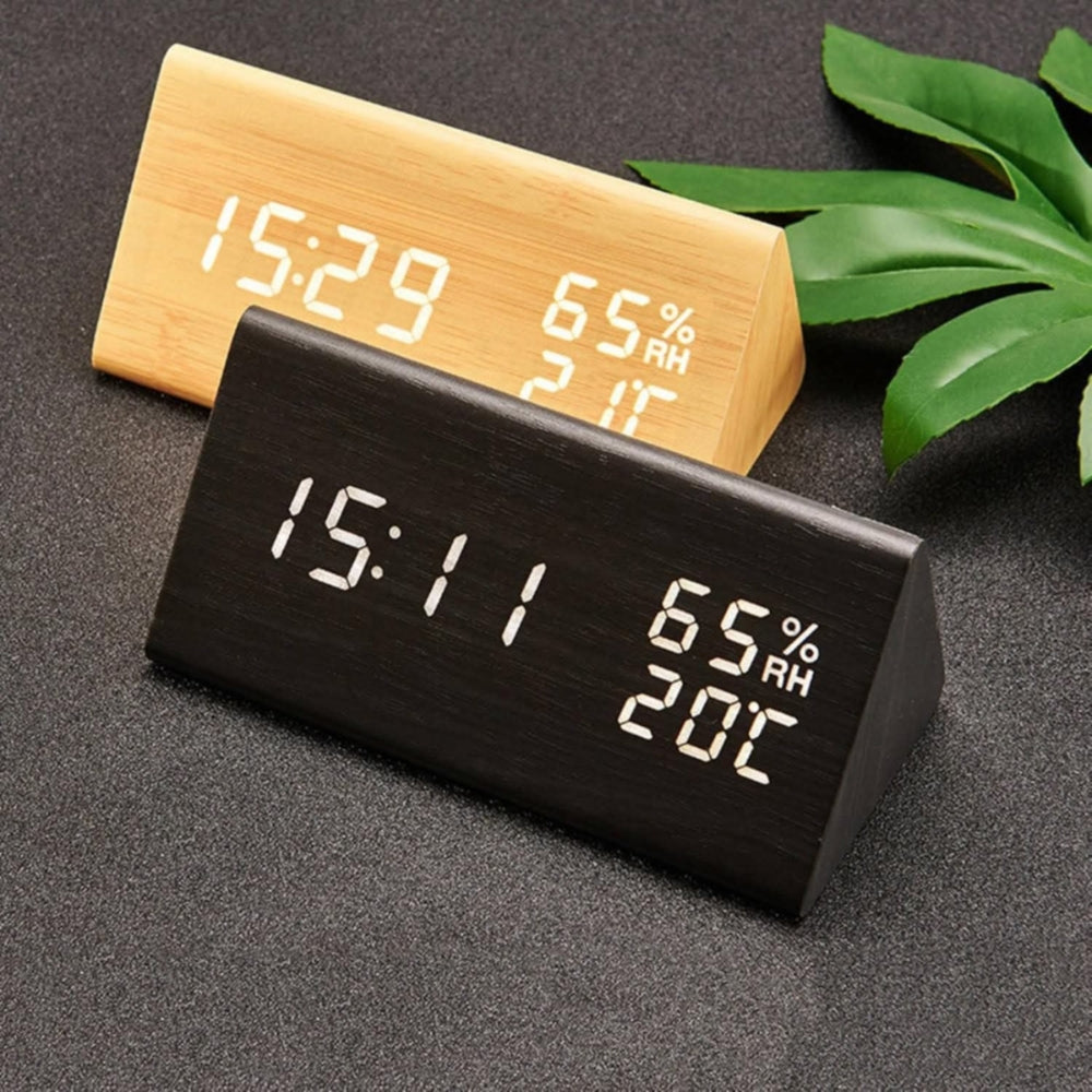 Wooden Triangle LED Alarm Clock with Temperature and Humidity Display