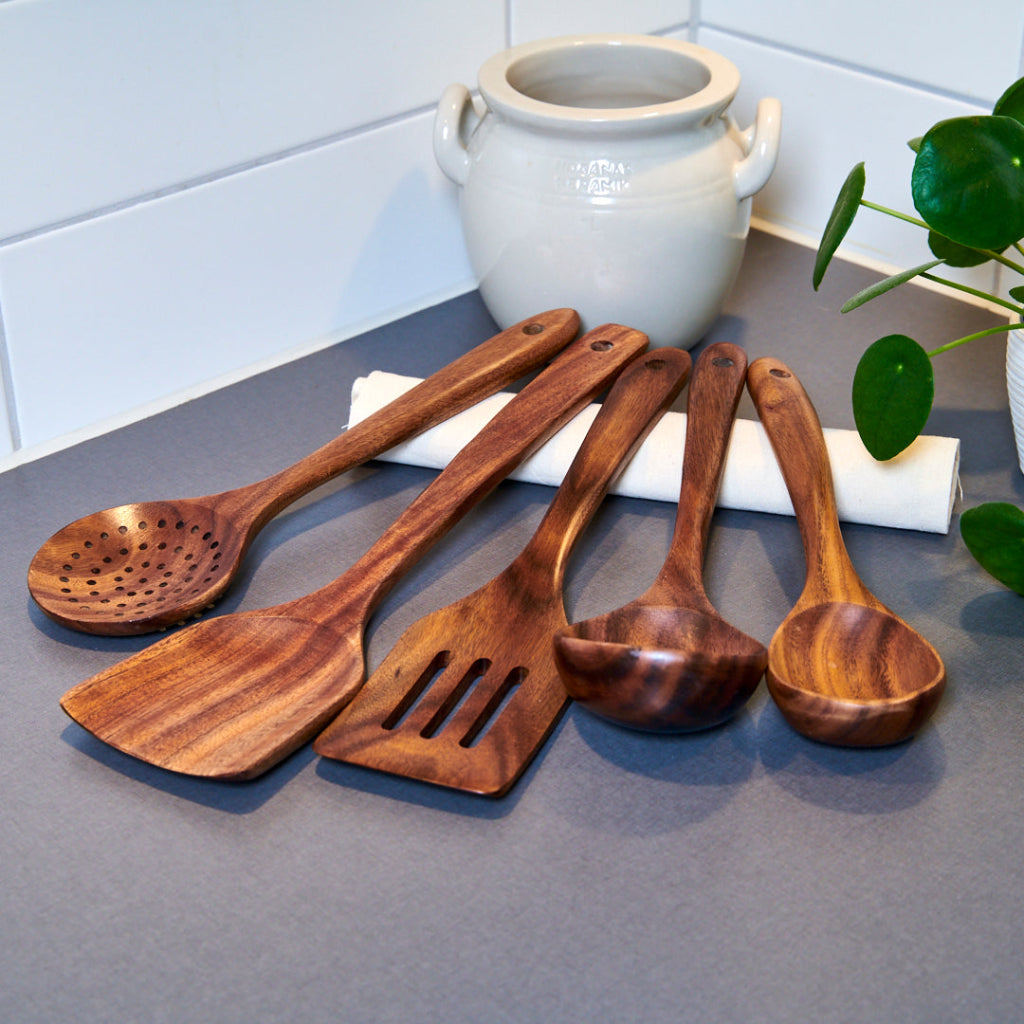 Walnut Wood Kitchen Utensil Set - Non-Scratch Cooking Spoons and Spatulas
