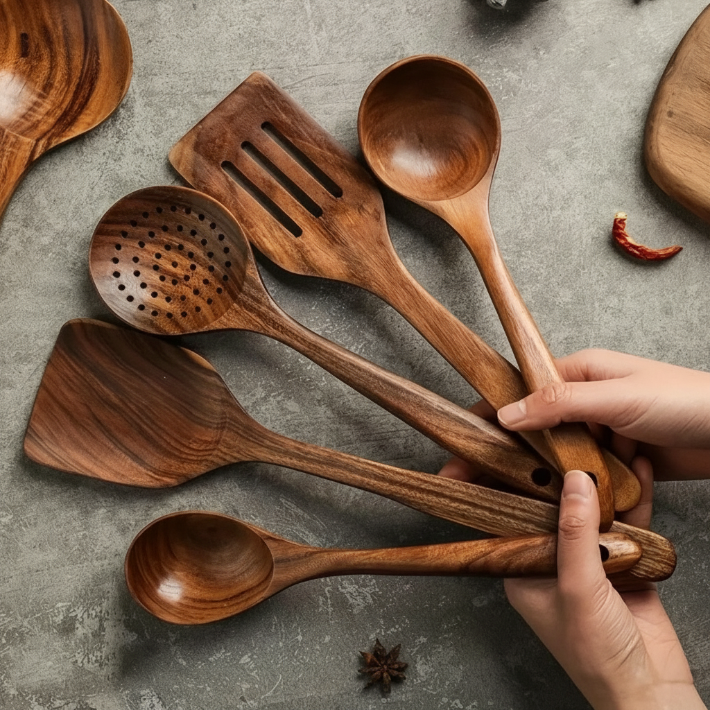 Walnut Wood Kitchen Utensil Set - Non-Scratch Cooking Spoons and Spatulas