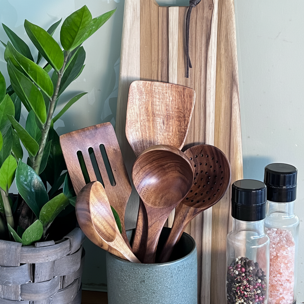 Walnut Wood Kitchen Utensil Set - Non-Scratch Cooking Spoons and Spatulas