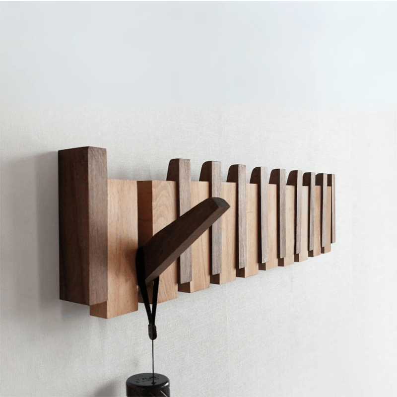 Piano-Inspired Wooden Coat Rack with Foldable Hooks