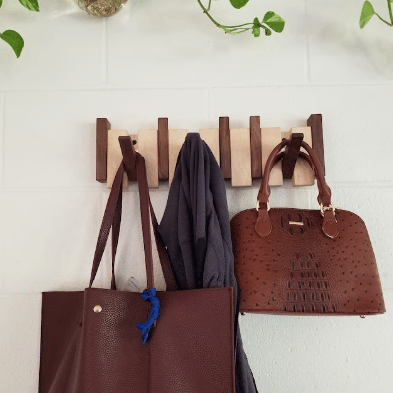 Piano-Inspired Wooden Coat Rack with Foldable Hooks