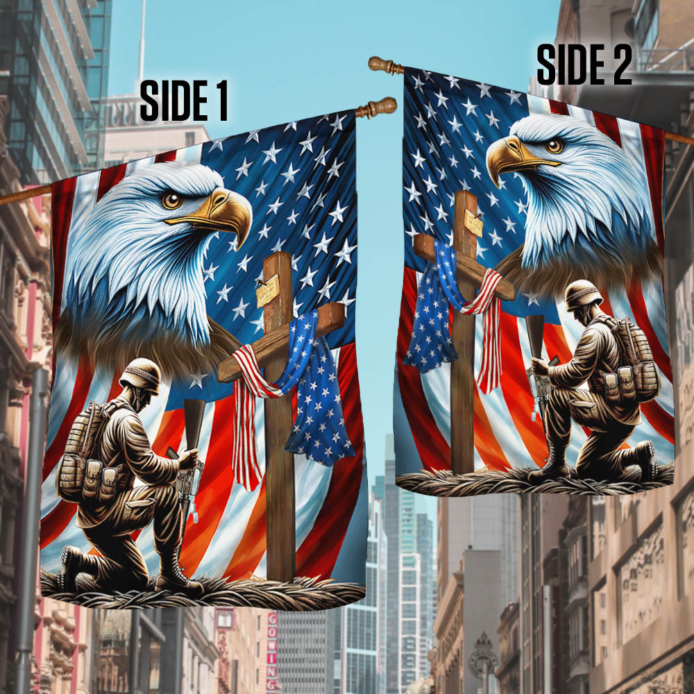 Patriotic Eagle Kneeling Soldier American Flag - Double-Sided Canvas, Memorial Day Decor