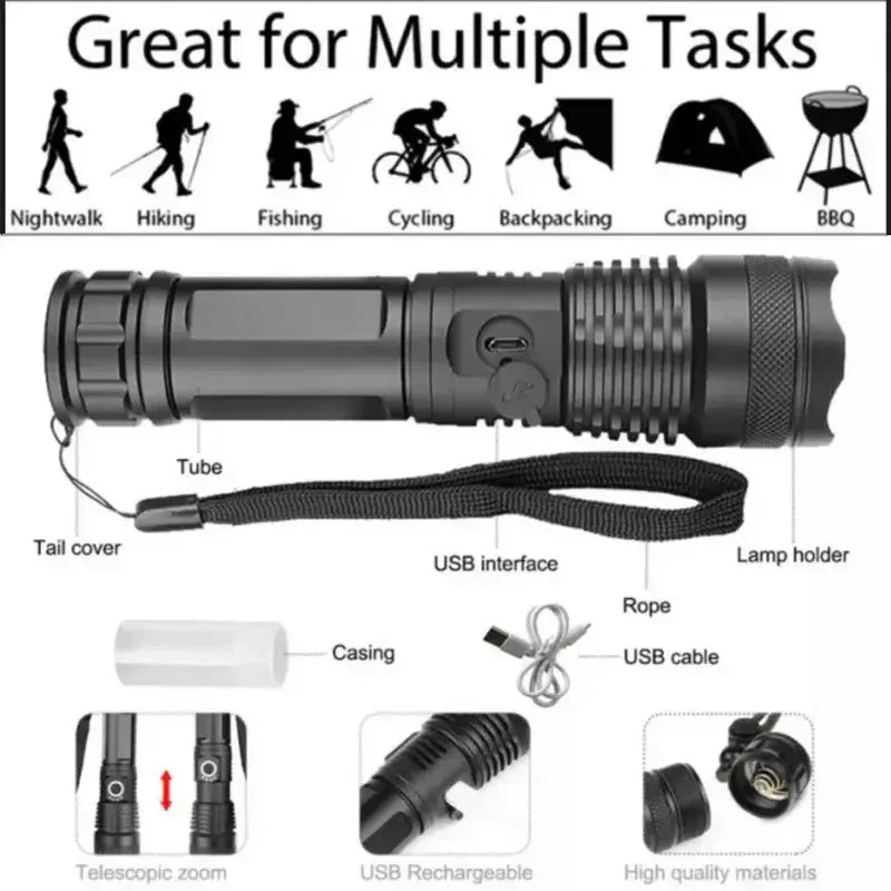 90000 Lumens Waterproof Flashlight with Zoom Function
