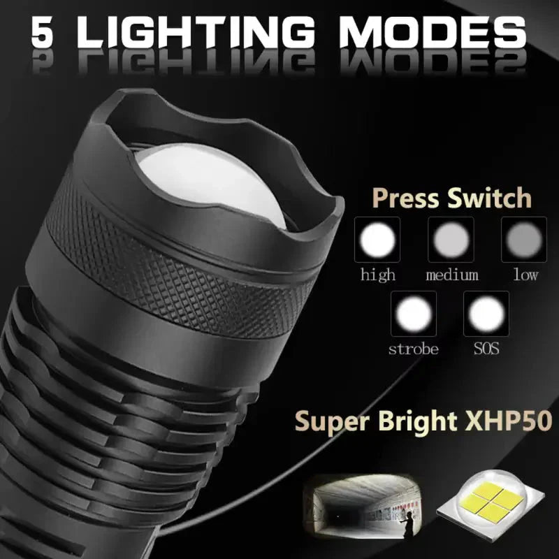 90000 Lumens Waterproof Flashlight with Zoom Function