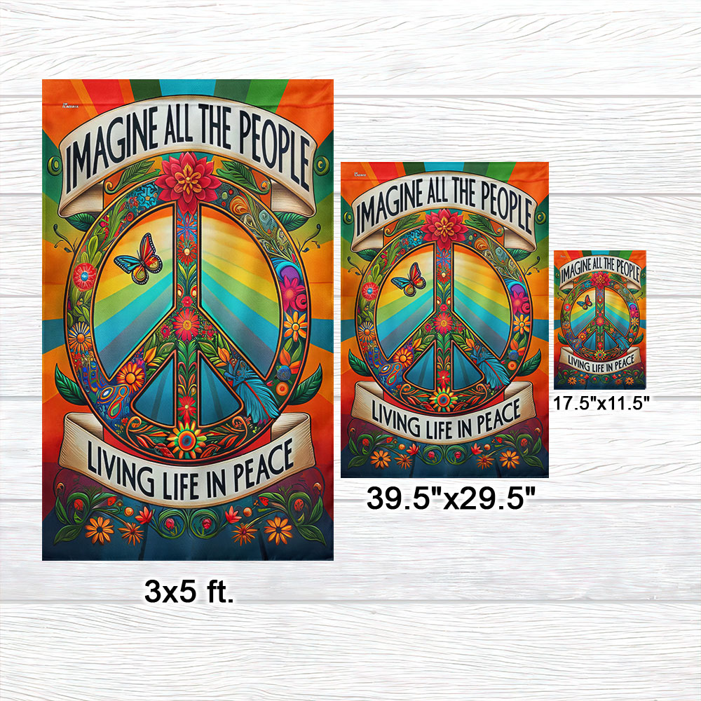 Peace Sign Hippie Flag Double-Sided Canvas - Imagine All The People Living Life In Peace
