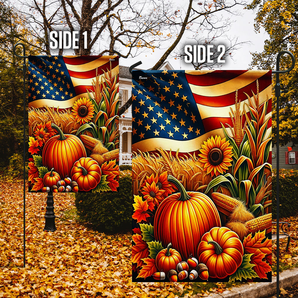 Double-Sided Fall Thanksgiving Pumpkin Flag with American Flag Design