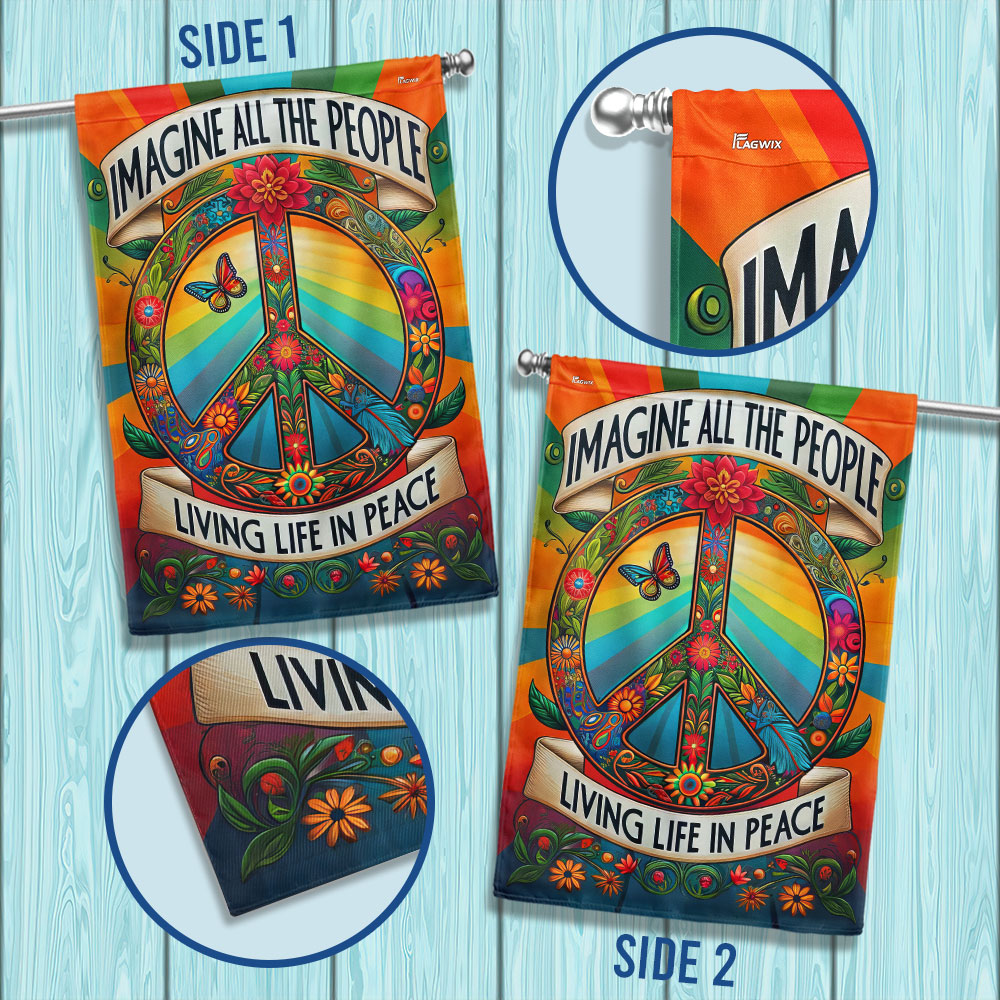Peace Sign Hippie Flag Double-Sided Canvas - Imagine All The People Living Life In Peace