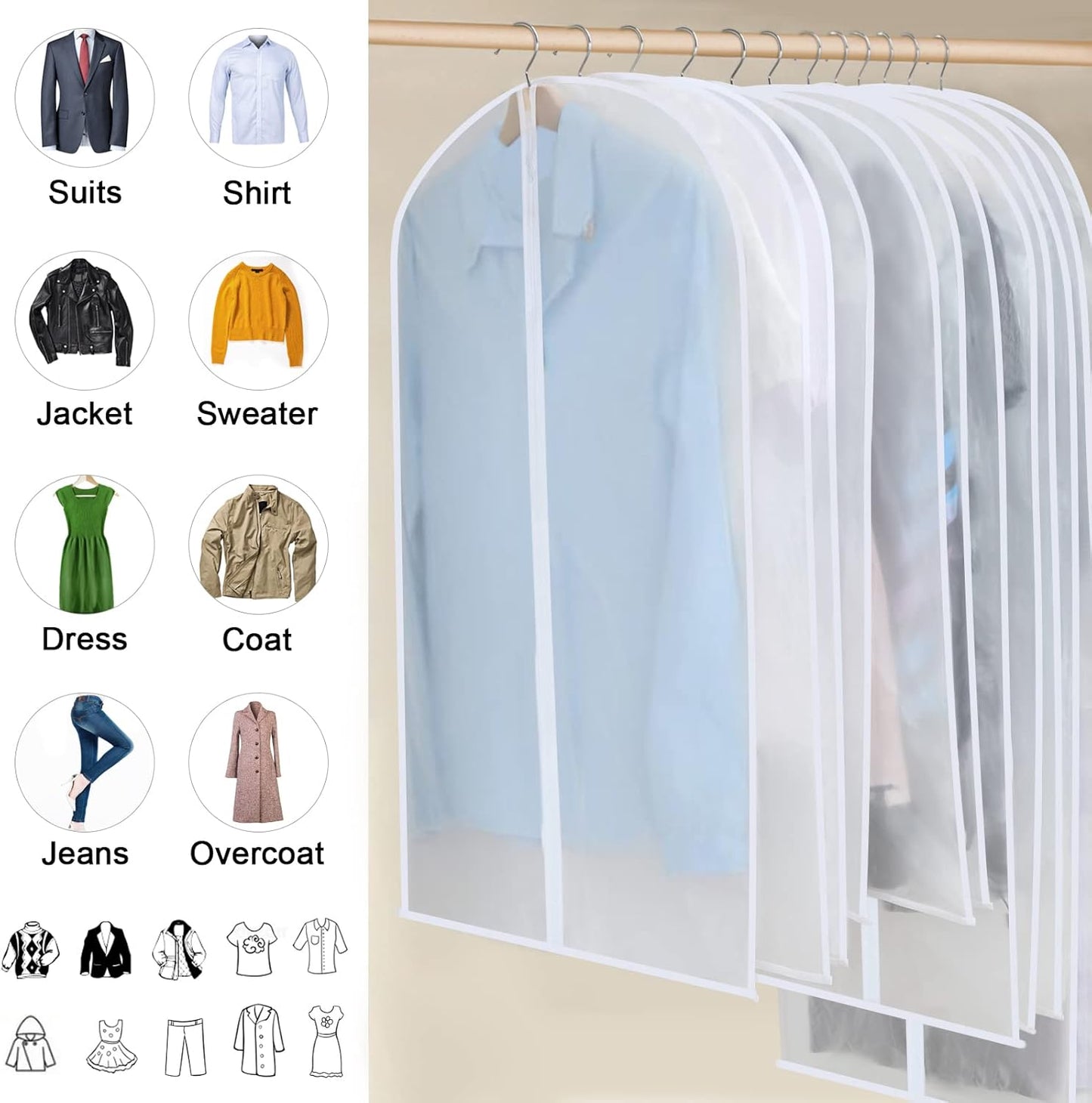 PEVA Garment Covers Set – 24 Breathable Hanging Bags in 3 Sizes