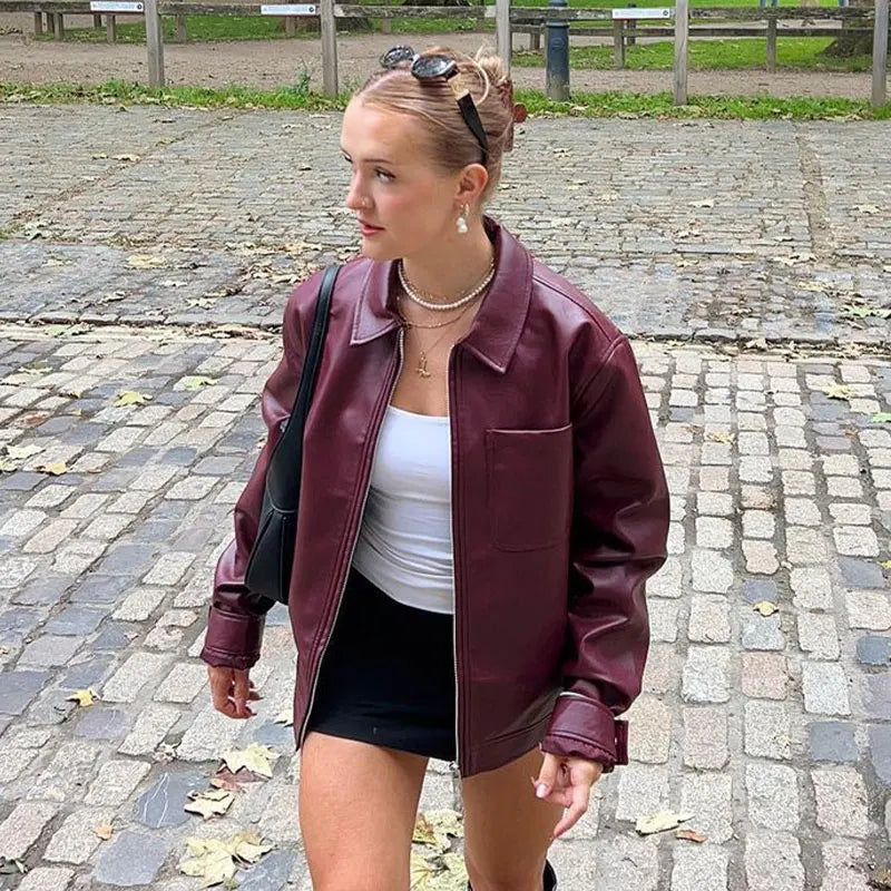 Oversized Leather Jacket for Women - Relaxed Fit