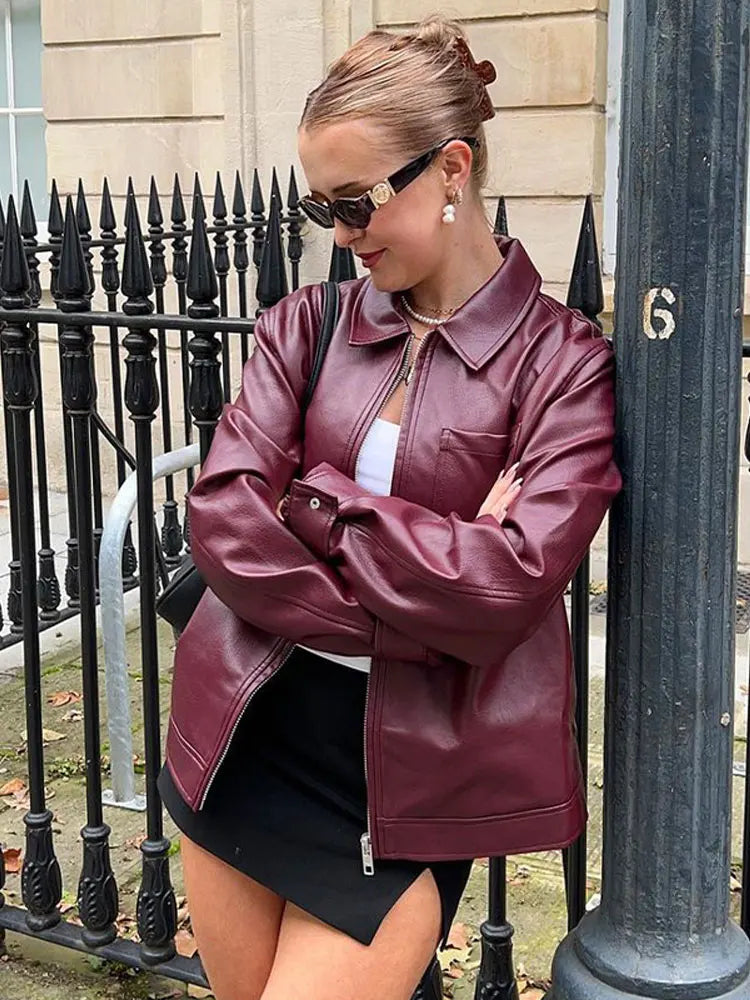 Oversized Leather Jacket for Women - Relaxed Fit